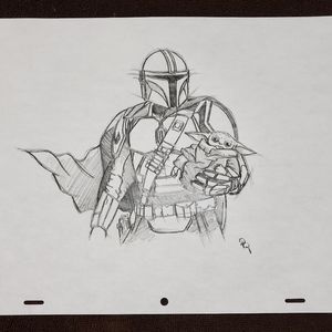 Disney Star Wars Mandalorian and Grogu character Drawing/sketch signed art
